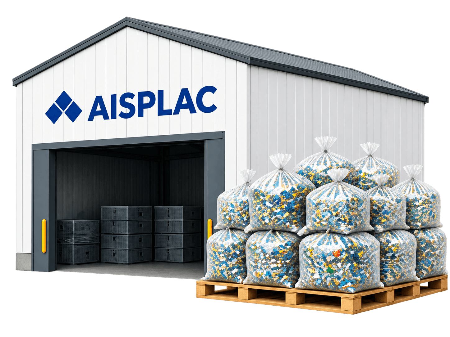 Planta de AISPLAC con las bolsas de plástico picado sobre pallets